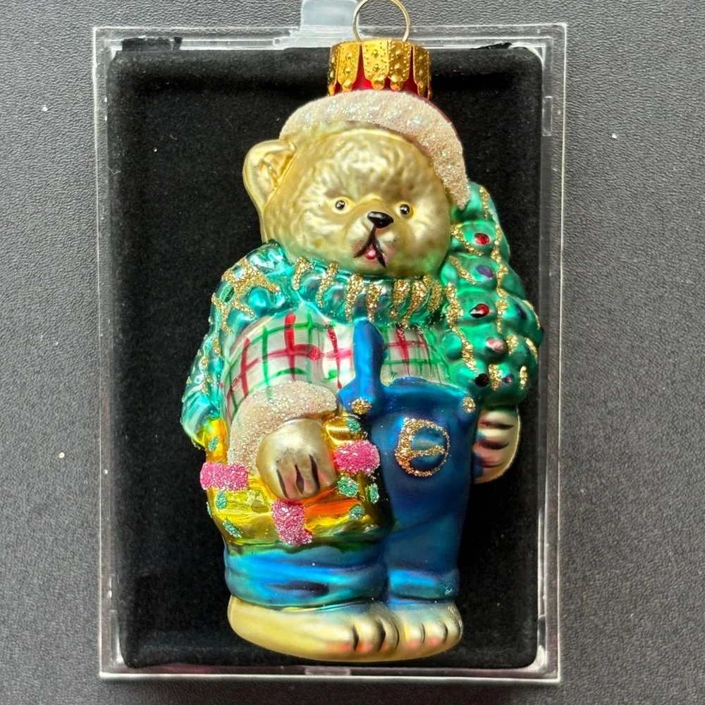 Unique Treasures Hand Crafted Glass Teddy Bear Christmas Ornament Overalls Tree